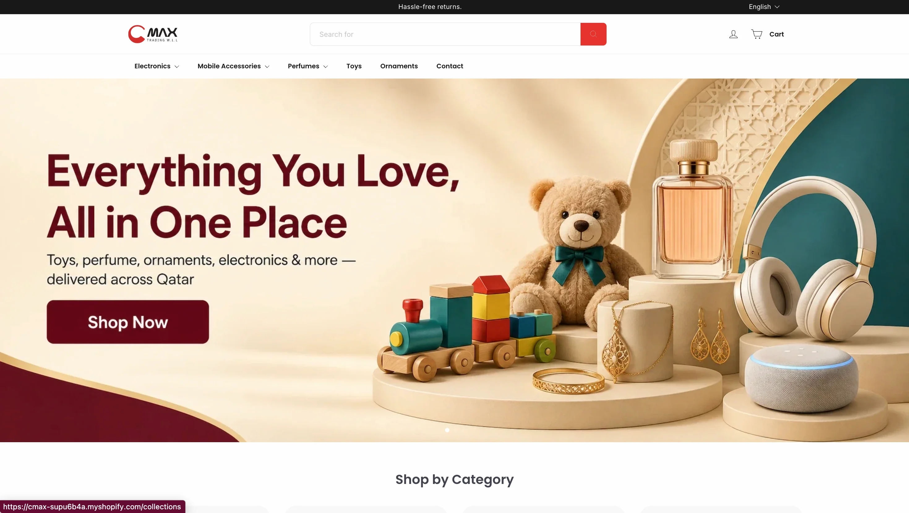CMAX Trading Shopify store homepage showing persistent search bar, hero banner and Shop by Category grid